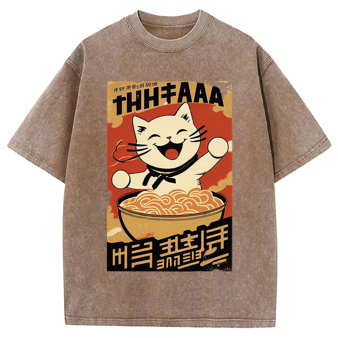Vintage Japanese Cat Eating Ramen Wash Crew Neck T-Shirt