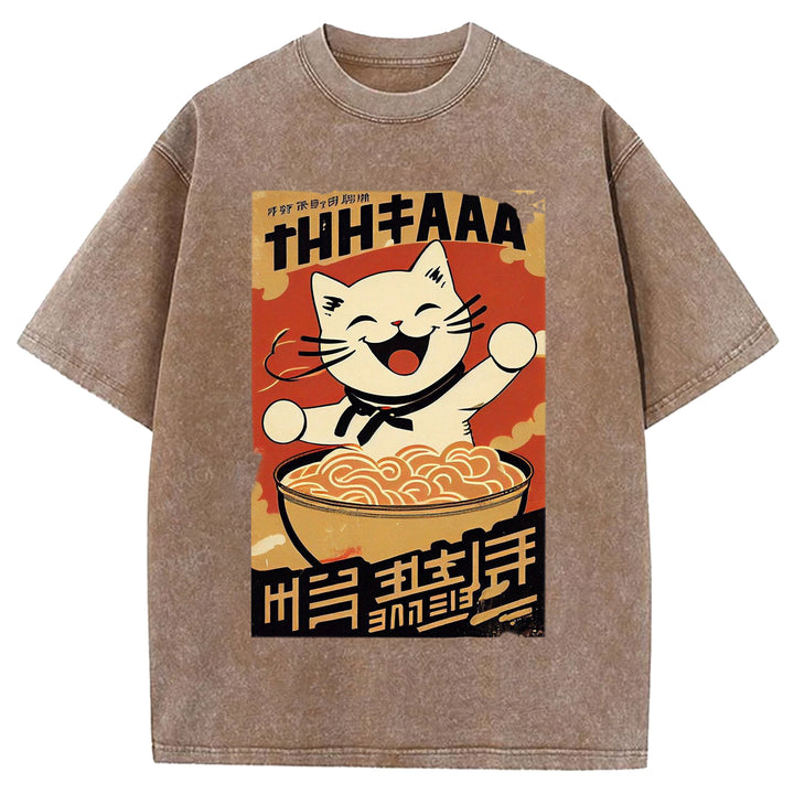 Vintage Japanese Cat Eating Ramen Wash Crew Neck T-Shirt