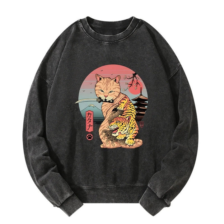 Katana Cat Tattoo Washed Sweatshirt