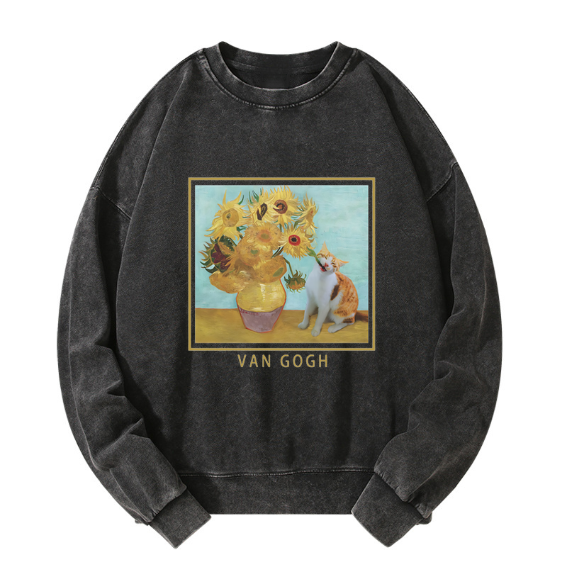 Naughty Cat Biting Sunflower Washed Sweatshirt
