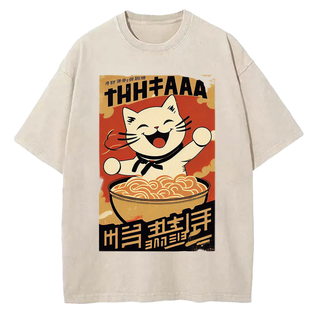 Vintage Japanese Cat Eating Ramen Wash Crew Neck T-Shirt