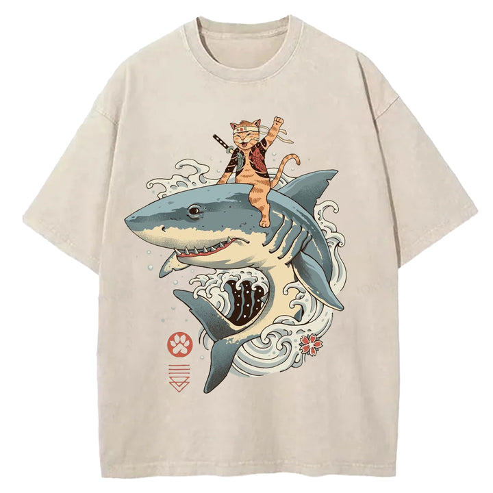 Samurai Cat Riding A Shark Washed Crew Neck T-Shirt