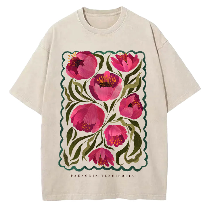 Vintage Flowers Design Washed Crew Neck T-Shirt