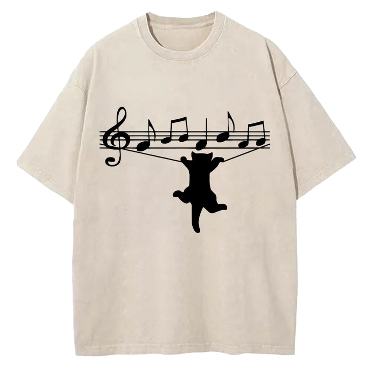 Funny Cat Design Washed Crew Neck T-Shirt