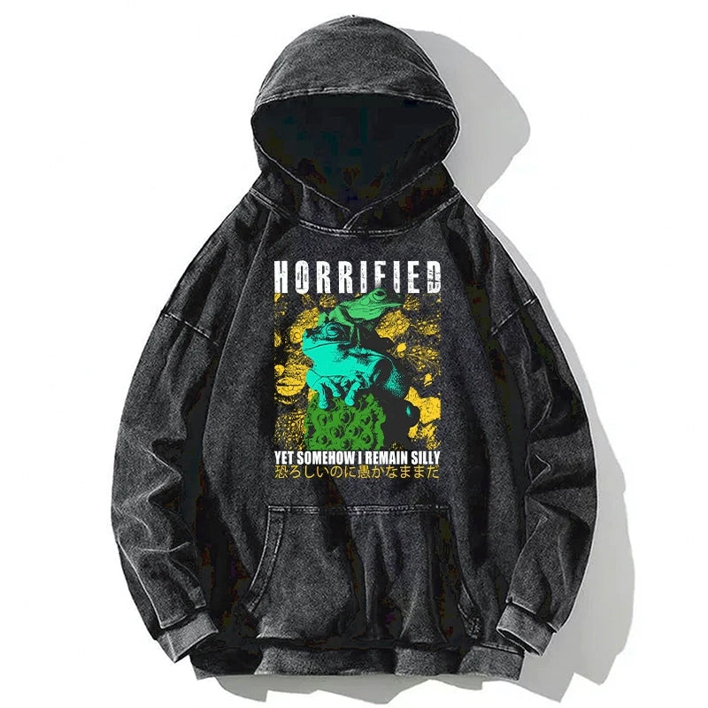 Horrified Two Frogs Funny Washed Hoodie
