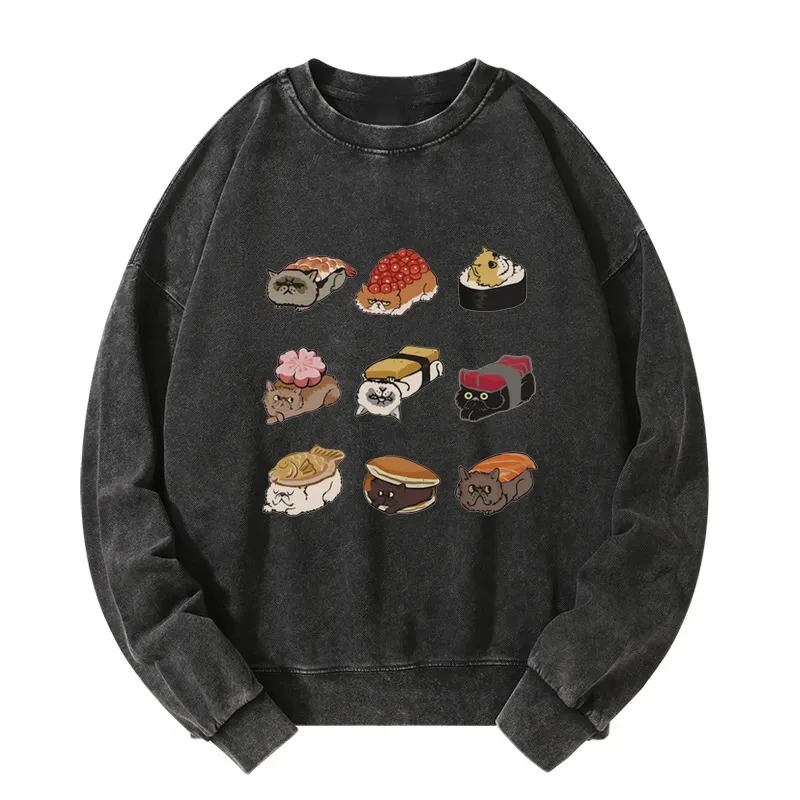 Cute Cat Sushi Washed Sweatshirt