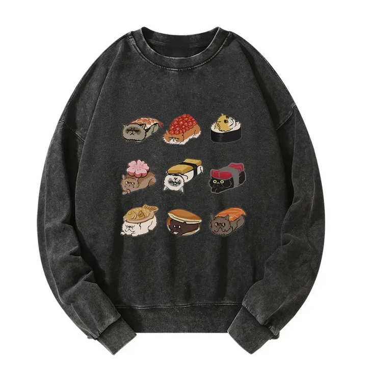 Cute Cat Sushi Washed Sweatshirt