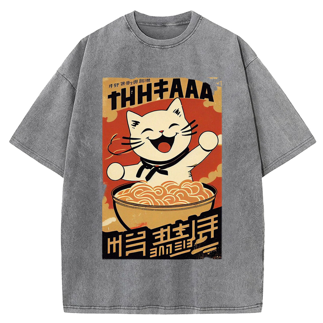 Vintage Japanese Cat Eating Ramen Wash Crew Neck T-Shirt