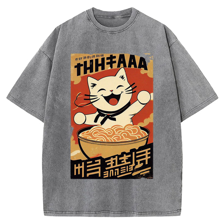 Vintage Japanese Cat Eating Ramen Wash Crew Neck T-Shirt