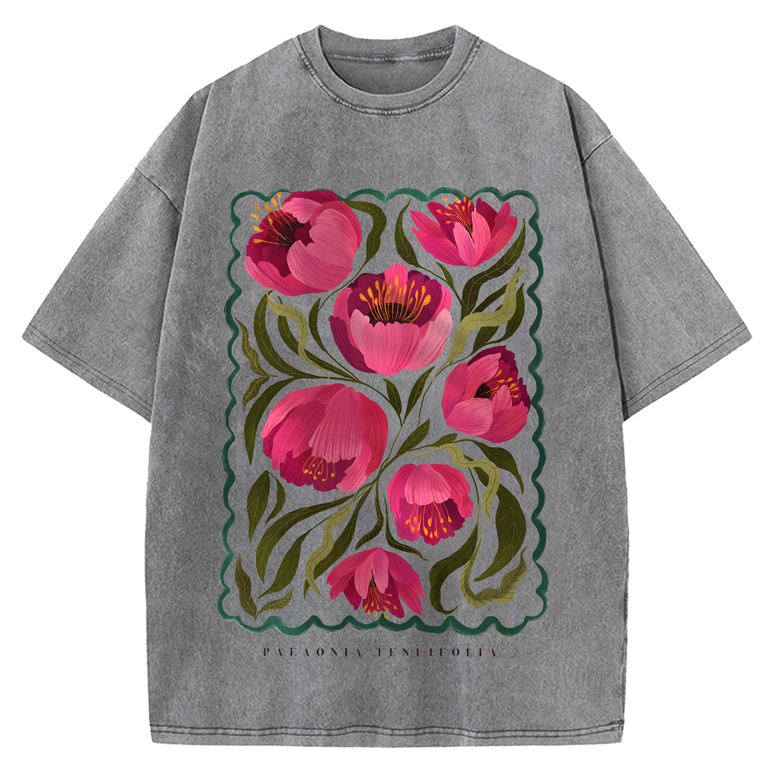 Vintage Flowers Design Washed Crew Neck T-Shirt