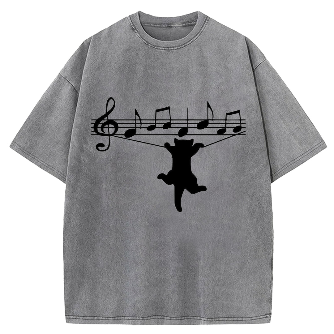 Funny Cat Design Washed Crew Neck T-Shirt