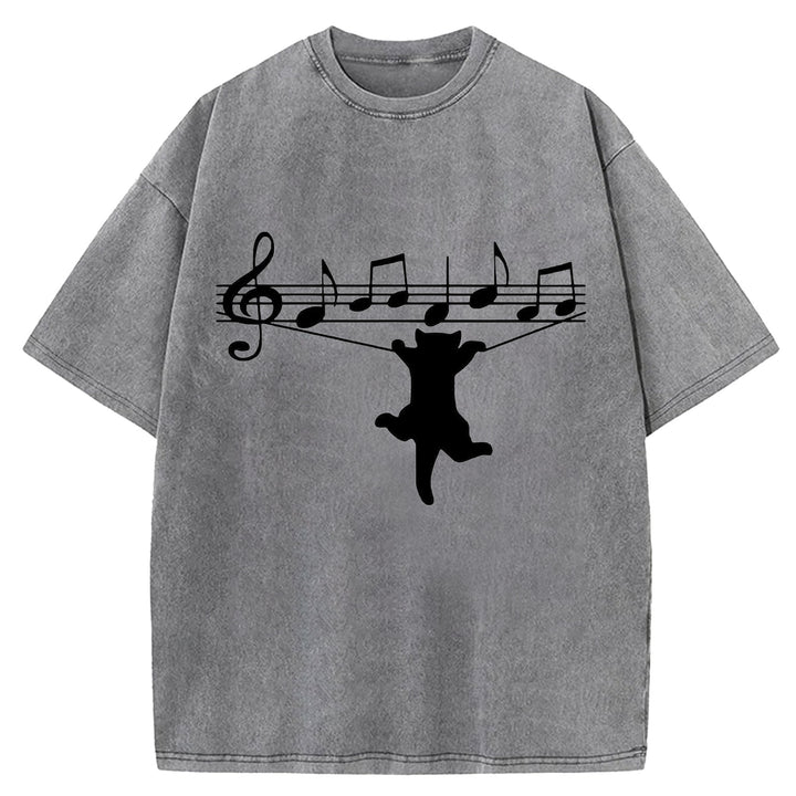 Funny Cat Design Washed Crew Neck T-Shirt