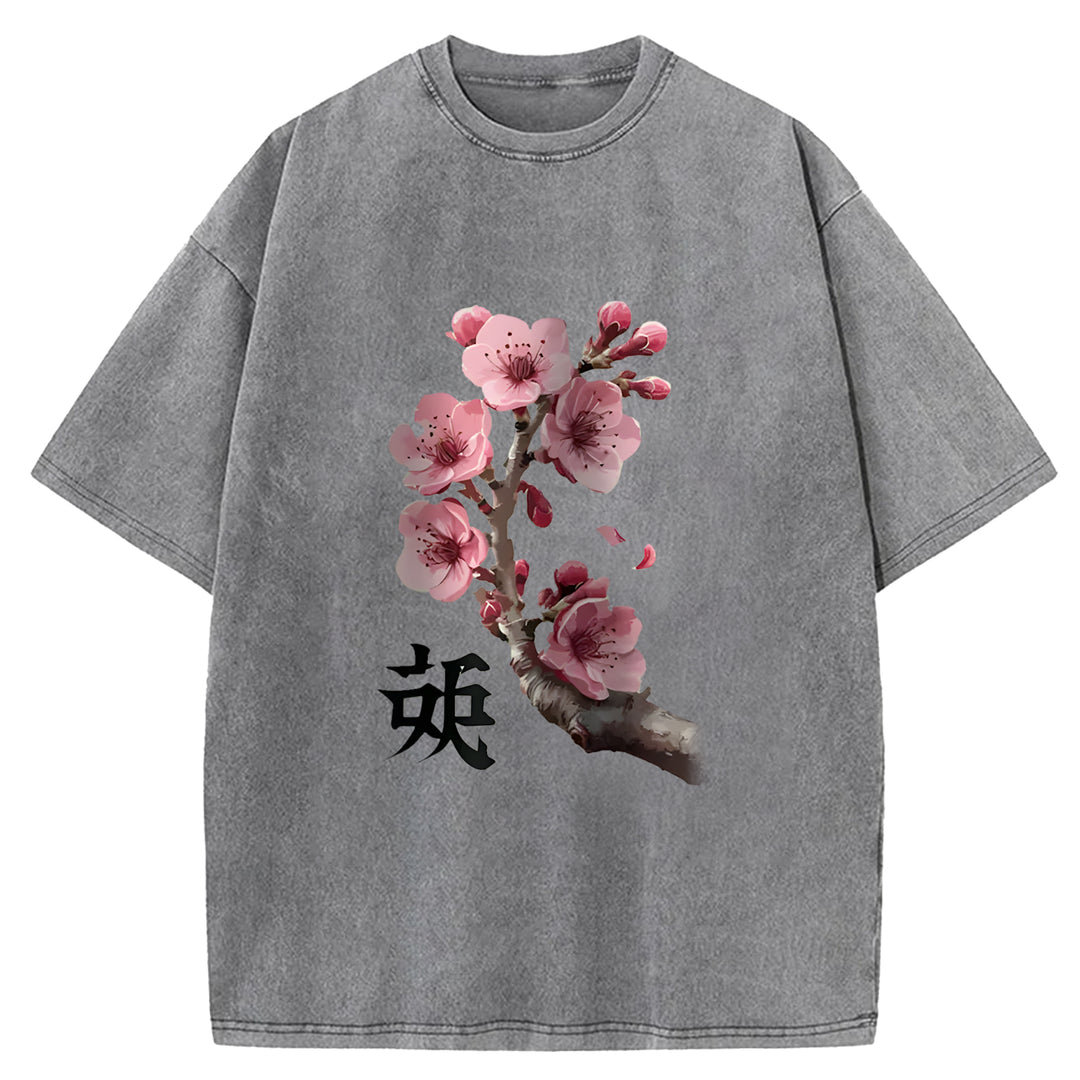 Cherry Blossom Branches Washed Crew Neck T-Shirt