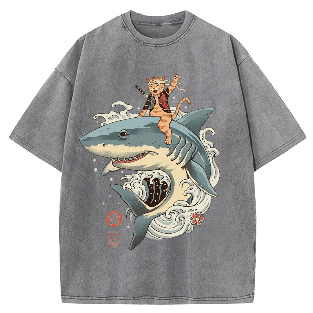 Samurai Cat Riding A Shark Washed Crew Neck T-Shirt