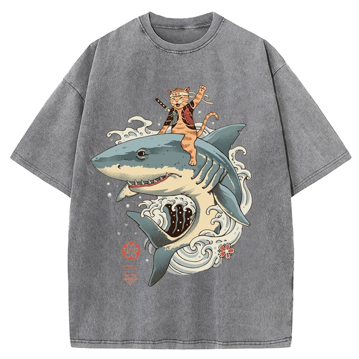 Samurai Cat Riding A Shark Washed Crew Neck T-Shirt