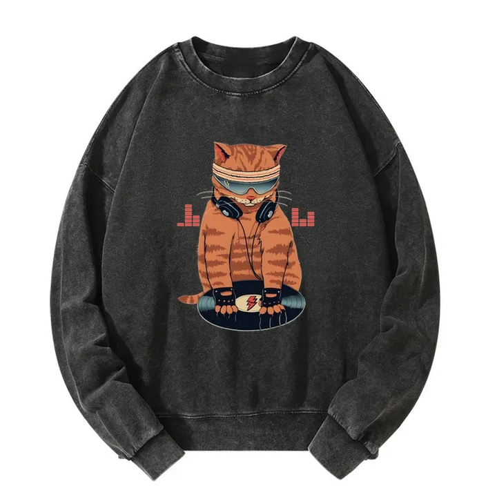 Funny Cat DJ Washed Sweatshirt