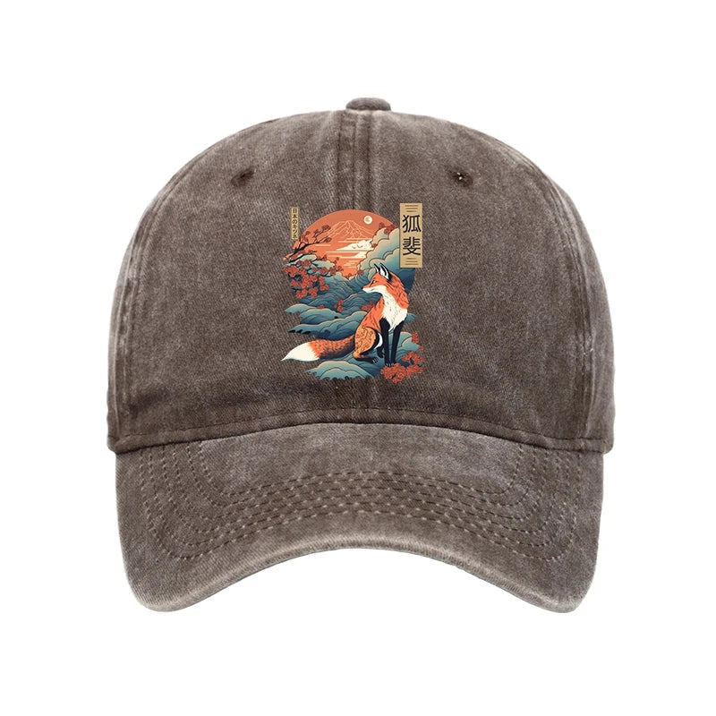 Japanese Kitsune Fox Sakura Washed Cap