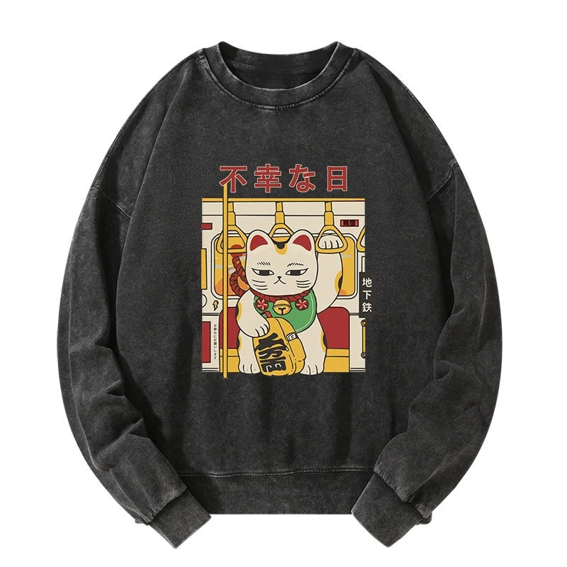 Lucky Cat Who Doesn't Want To Work Washed Sweatshirt