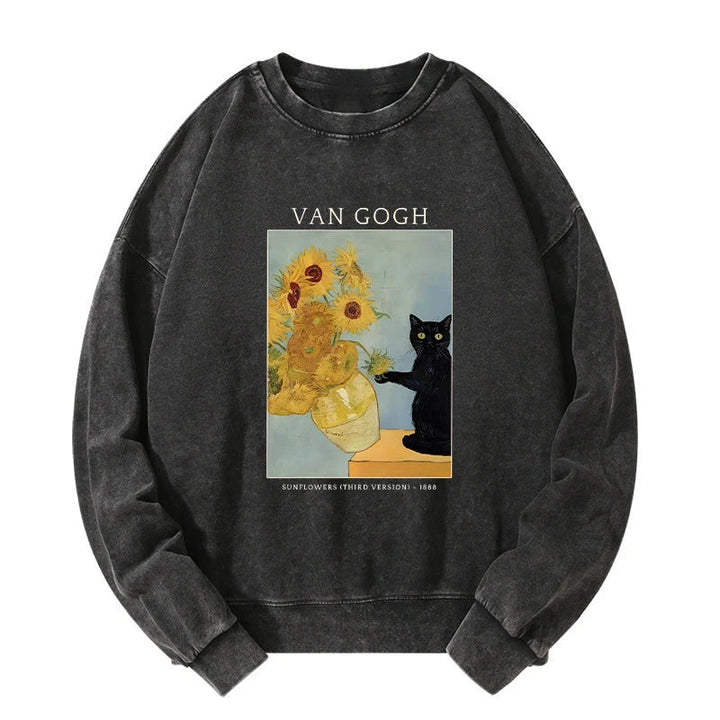 Black Cat With Sunflowers Washed Sweatshirt