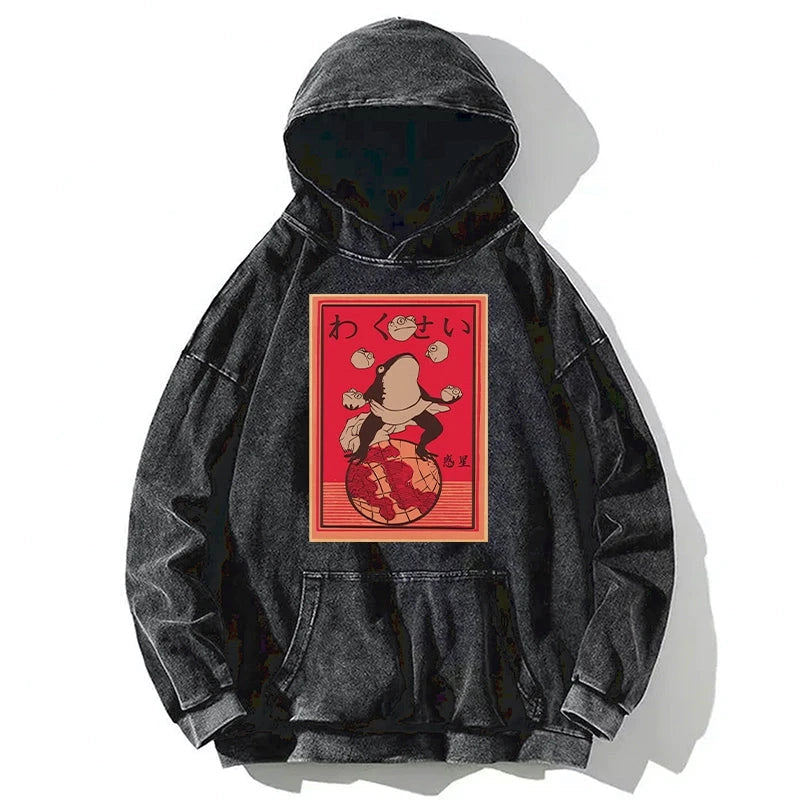 Wakusei Frog Funny Washed Hoodie