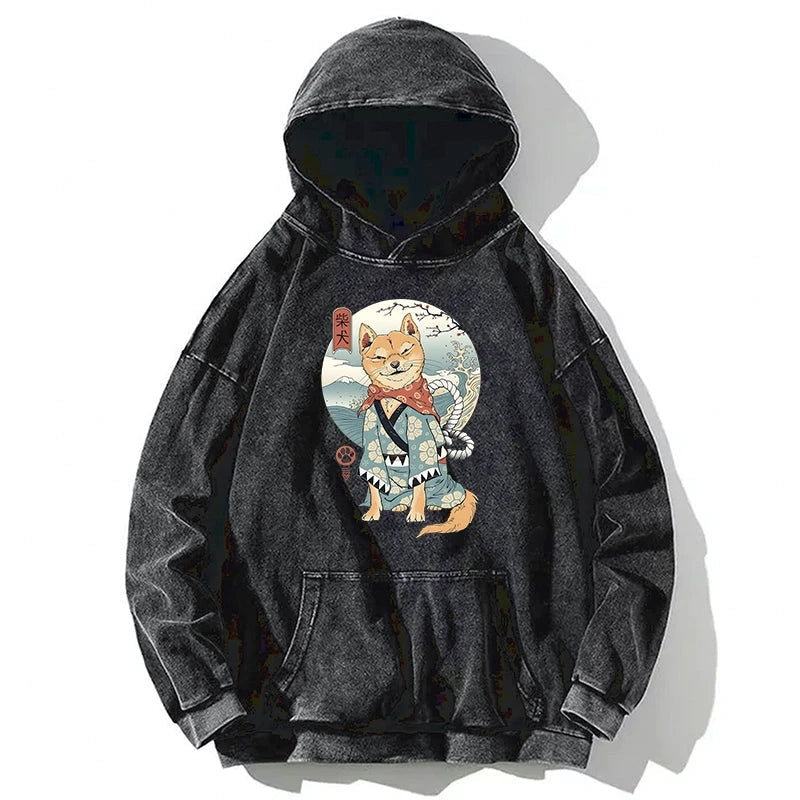 Samurai Shiba Dog Japanese Washed Hoodie
