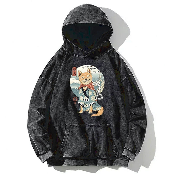Samurai Shiba Dog Japanese Washed Hoodie
