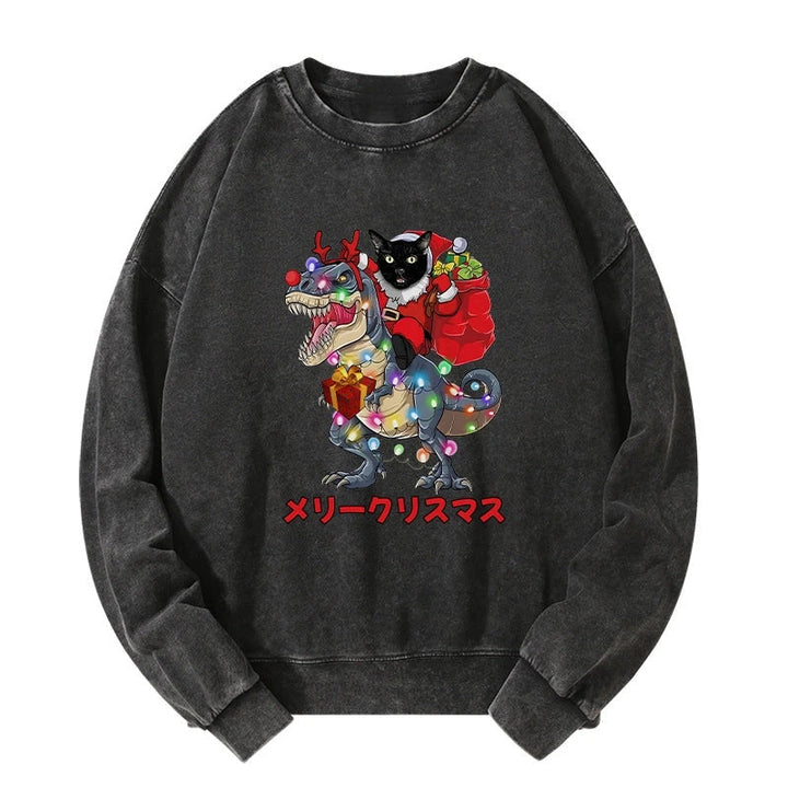Cat Riding Dinosaur Christmas Washed Sweatshirt
