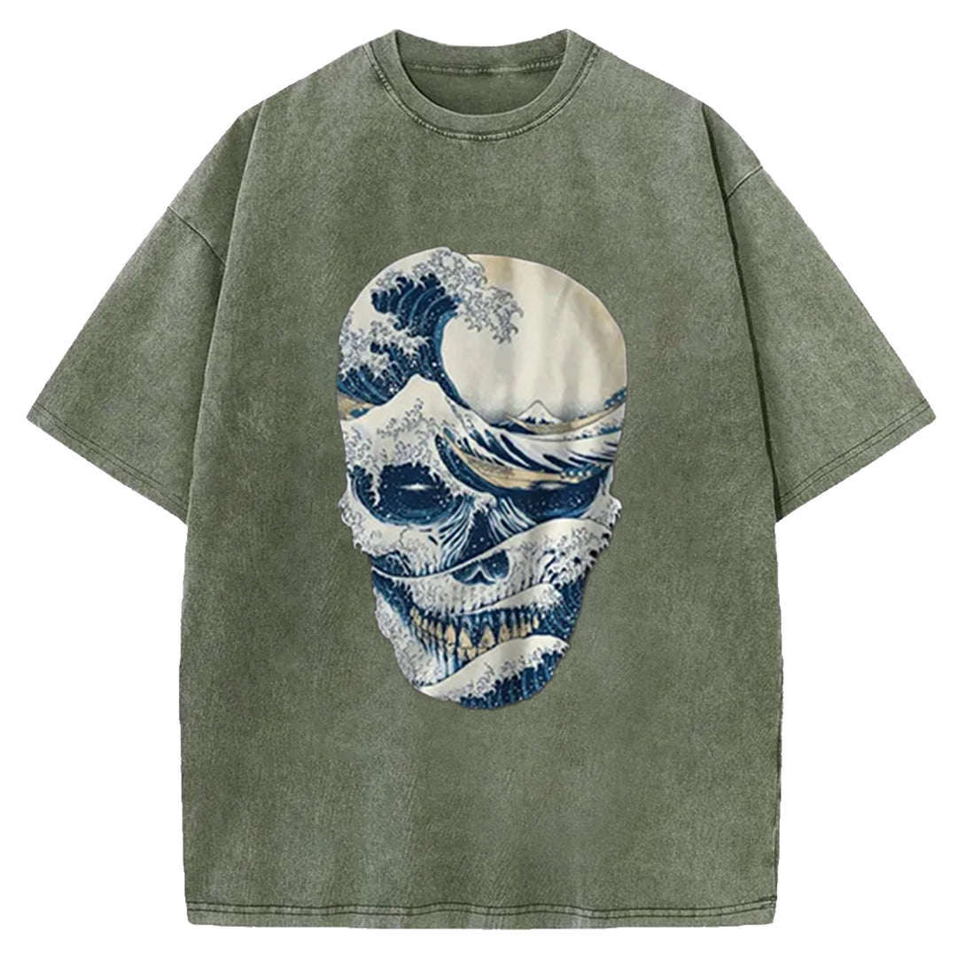 The Great Wave Skull Washed Crew Neck T-Shirt