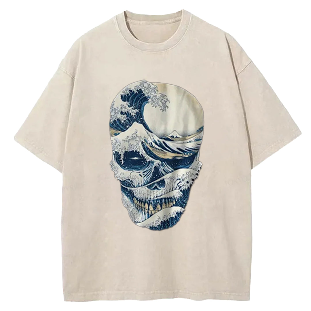 The Great Wave Skull Washed Crew Neck T-Shirt