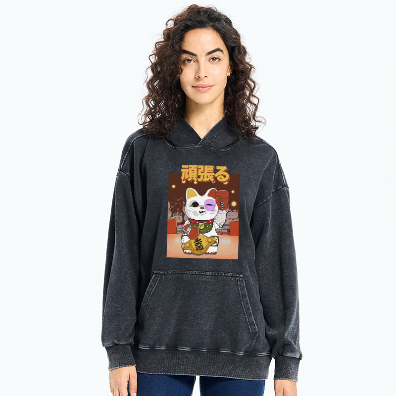 Fighting Cat Boxing Washed Hoodie
