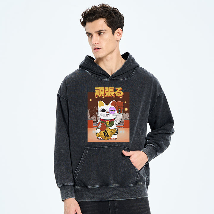 Fighting Cat Boxing Washed Hoodie