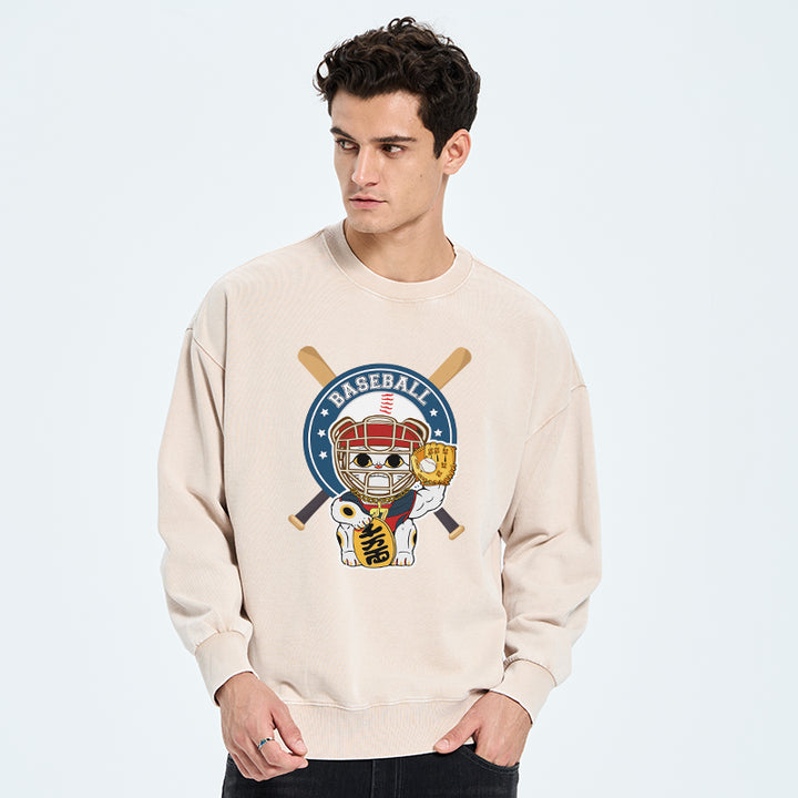 Janpaese Baseball Cat Washed Sweatshirt