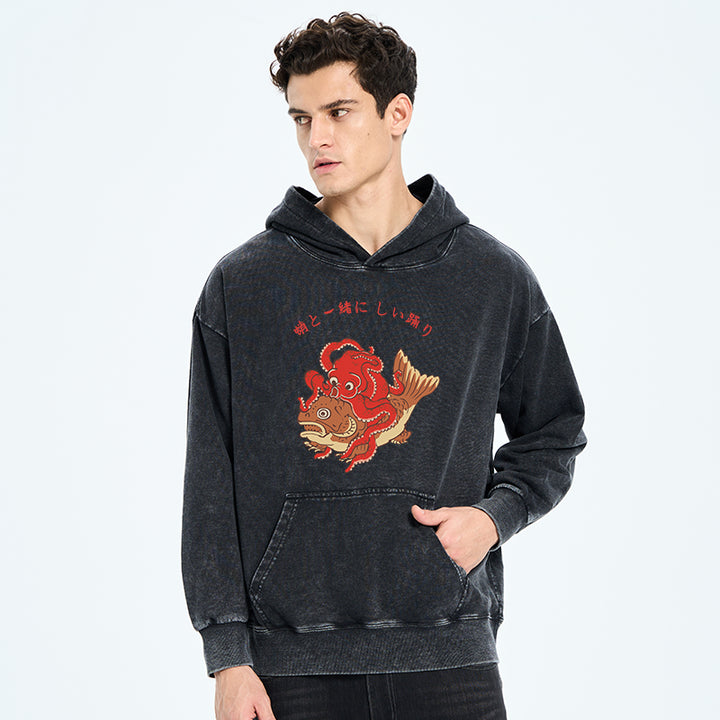 Octopus And Koi Dance Together Washed Hoodie
