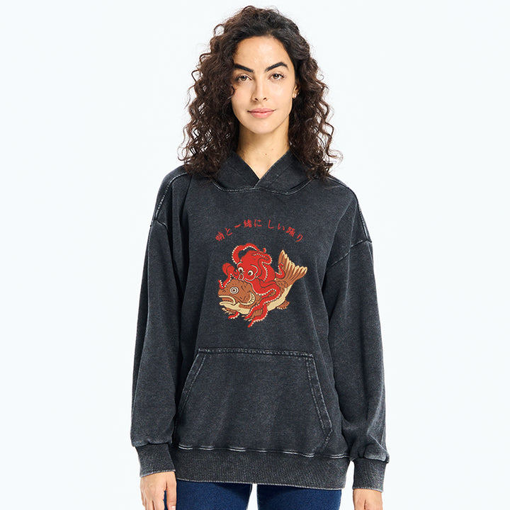 Octopus And Koi Dance Together Washed Hoodie