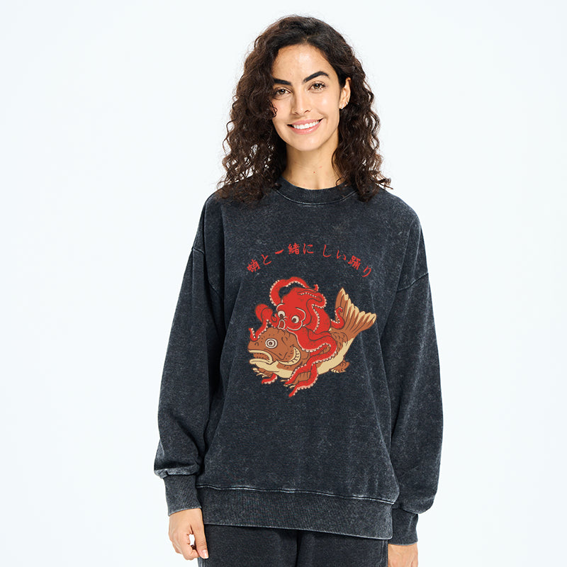 Octopus And Koi Dance Together Washed Sweatshirt
