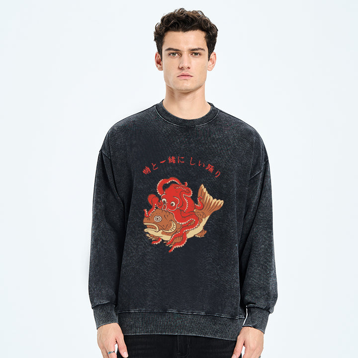 Octopus And Koi Dance Together Washed Sweatshirt