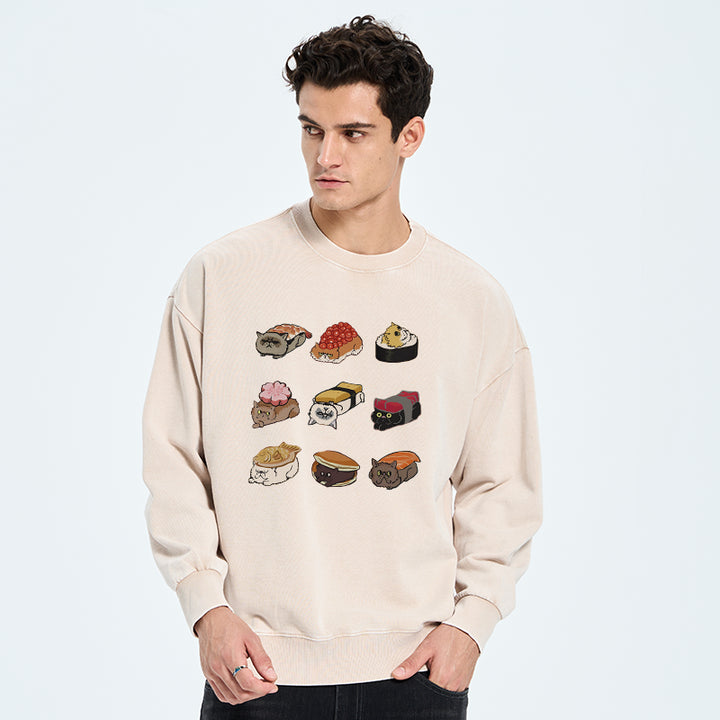 Cute Cat Sushi Washed Sweatshirt