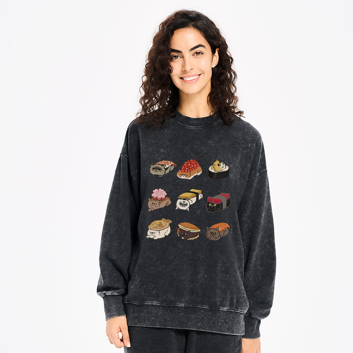 Cute Cat Sushi Washed Sweatshirt