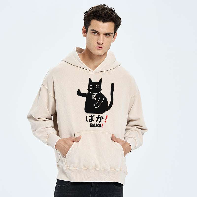 Japanese Baka Cat  Washed Hoodie