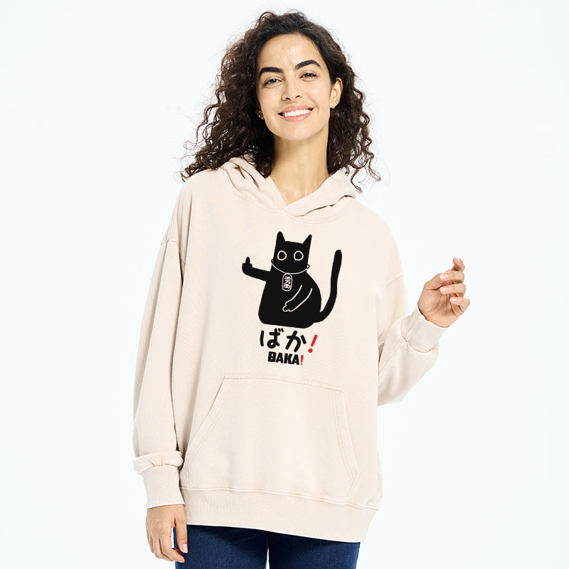 Japanese Baka Cat  Washed Hoodie