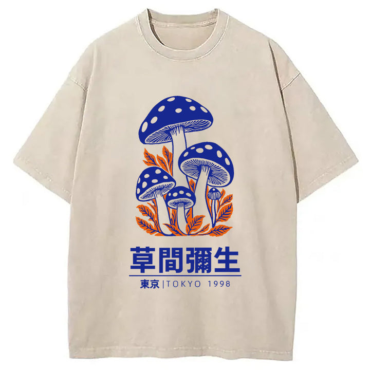 Yayoi Kusama Blue Mushroom Vintage Washed Crew Neck T-Shirt