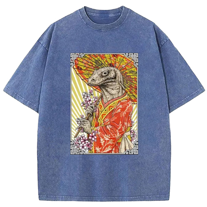 Elegant Lizard Holding An Umbrella Washed Crew Neck T-Shirt