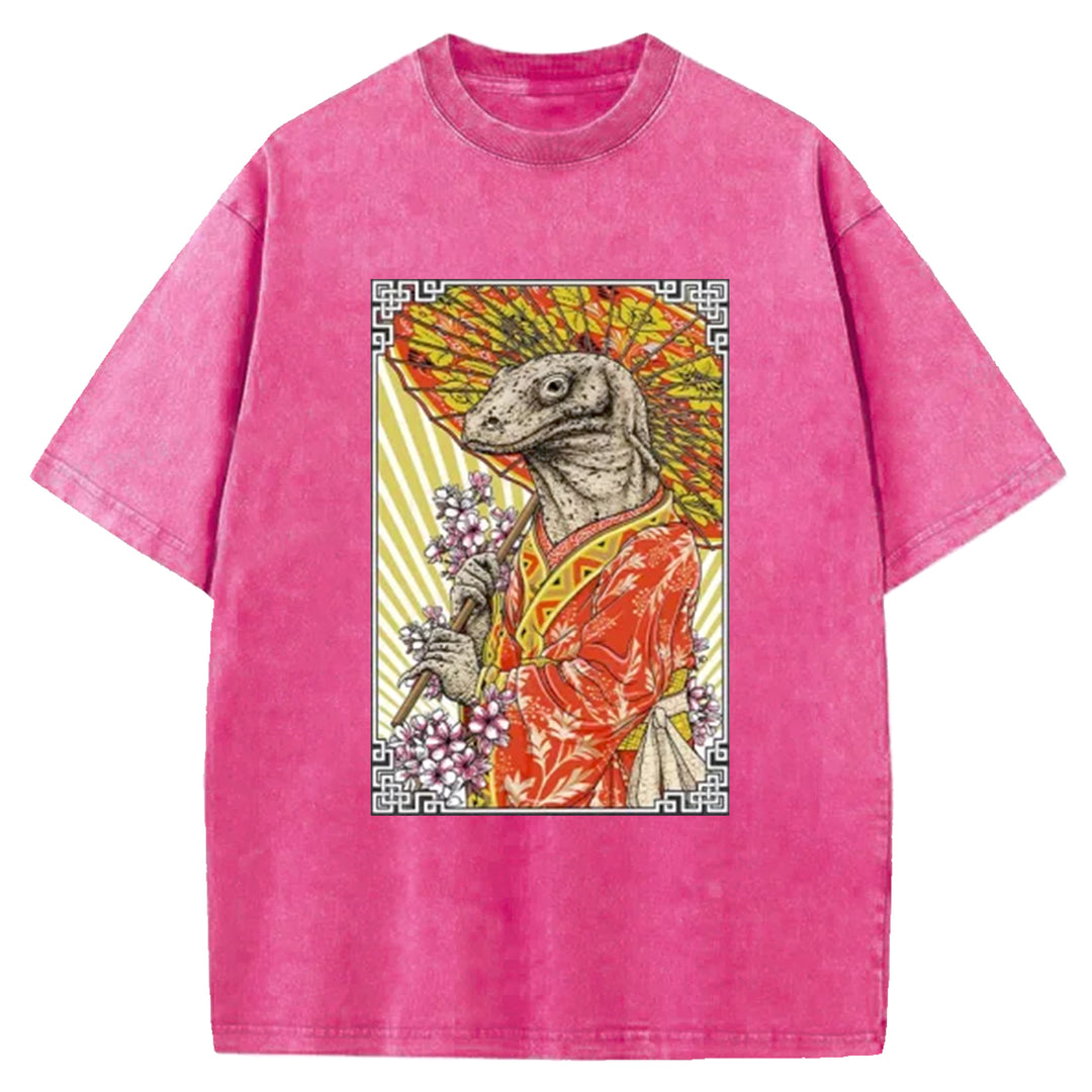 Elegant Lizard Holding An Umbrella Washed Crew Neck T-Shirt