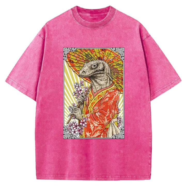 Elegant Lizard Holding An Umbrella Washed Crew Neck T-Shirt