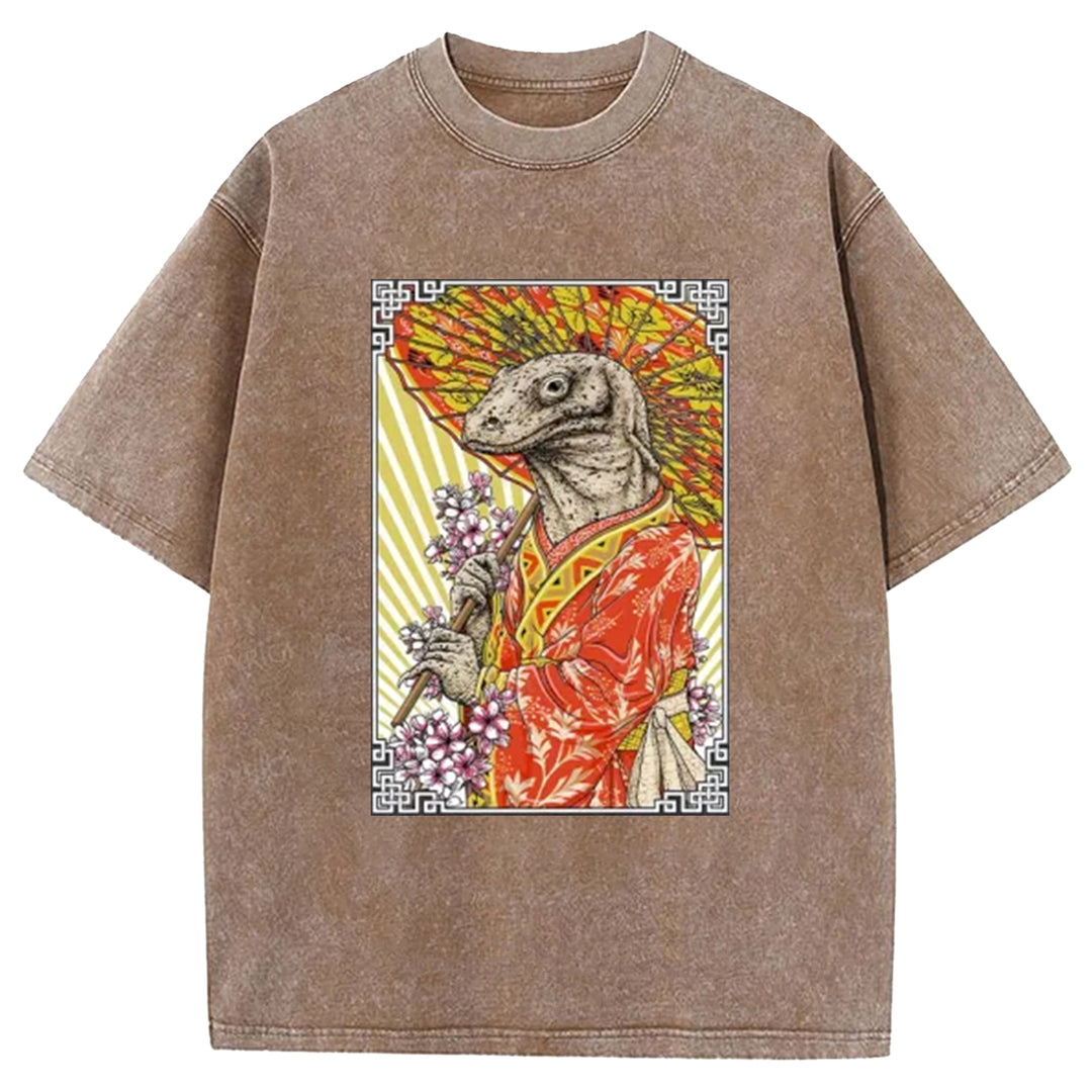 Elegant Lizard Holding An Umbrella Washed Crew Neck T-Shirt