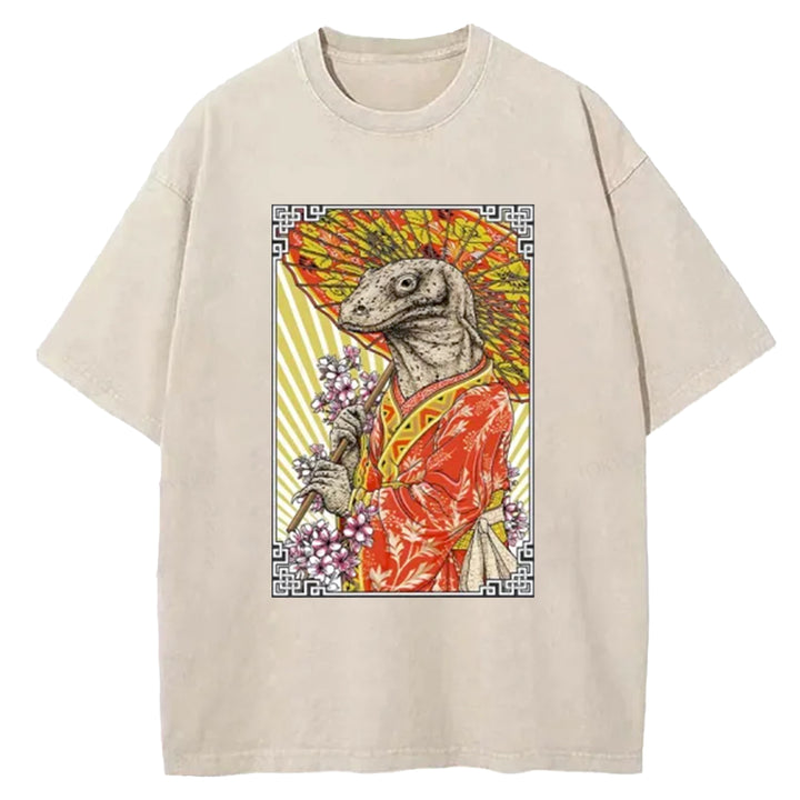 Elegant Lizard Holding An Umbrella Washed Crew Neck T-Shirt