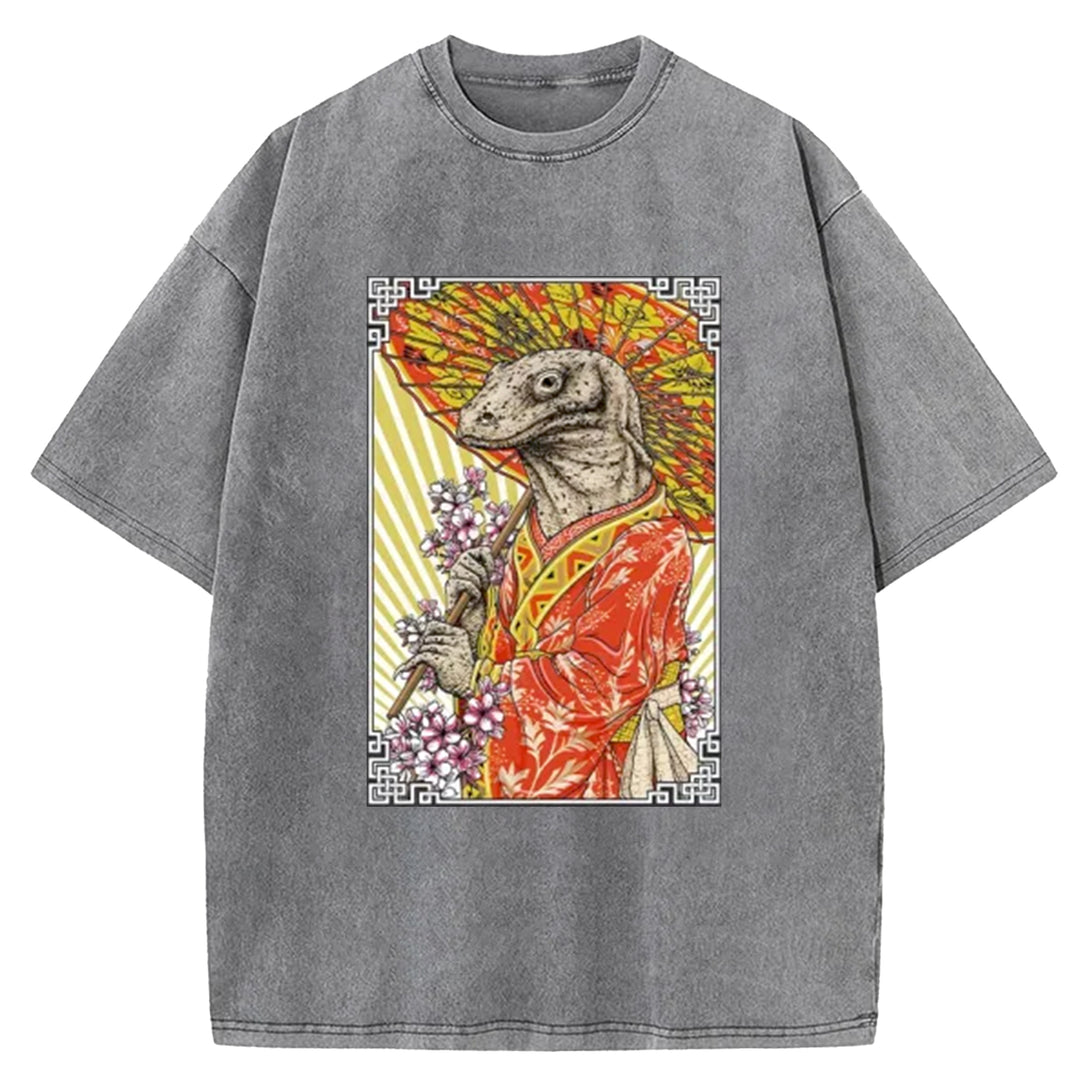 Elegant Lizard Holding An Umbrella Washed Crew Neck T-Shirt