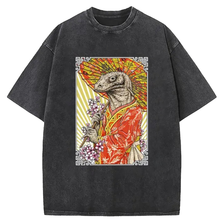 Elegant Lizard Holding An Umbrella Washed Crew Neck T-Shirt
