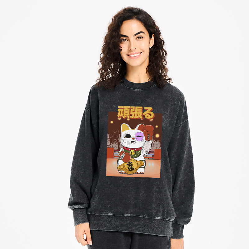 Fighting Cat Boxing Washed Sweatshirt