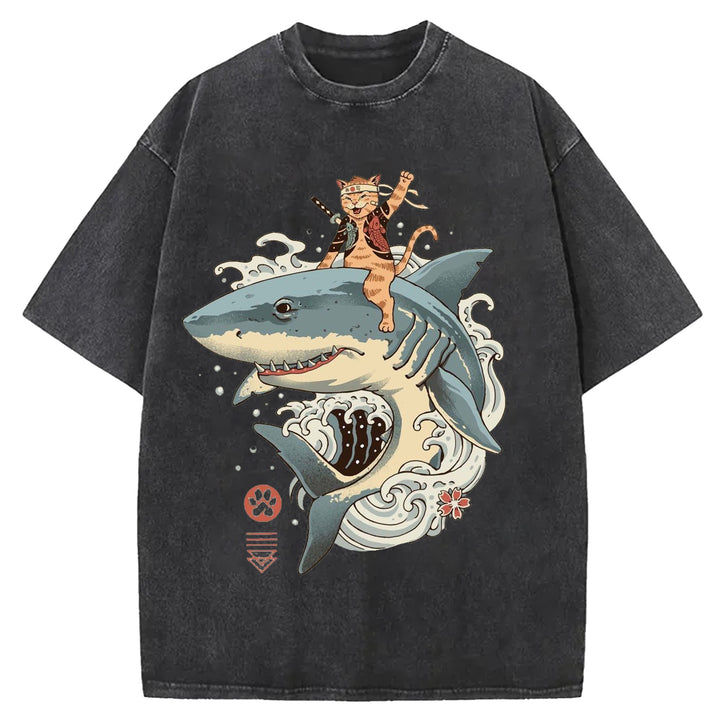 Samurai Cat Riding A Shark Washed Crew Neck T-Shirt